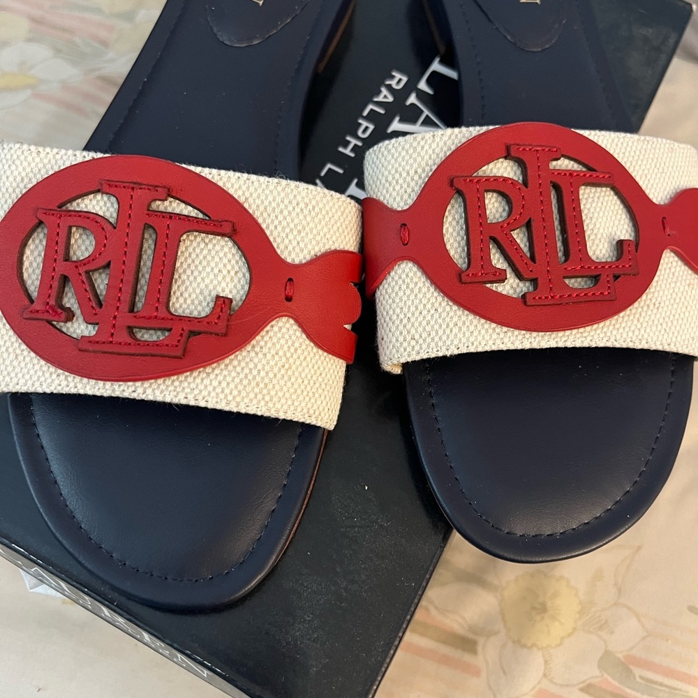 Ralph Lauren Red w/Linen Logo Slides Great Condition Never Worn Women’s Size 9.5